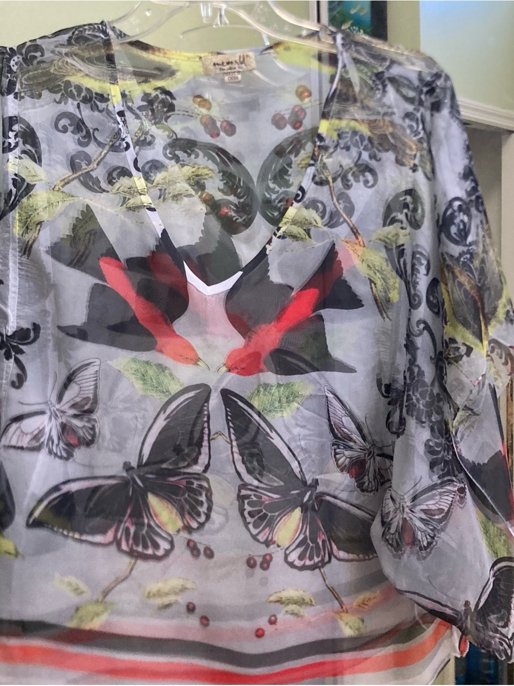 ONE WORLD Sheer Butterfly & Bird V-Neck sheer Top in Gray, Red and Yellow kimono